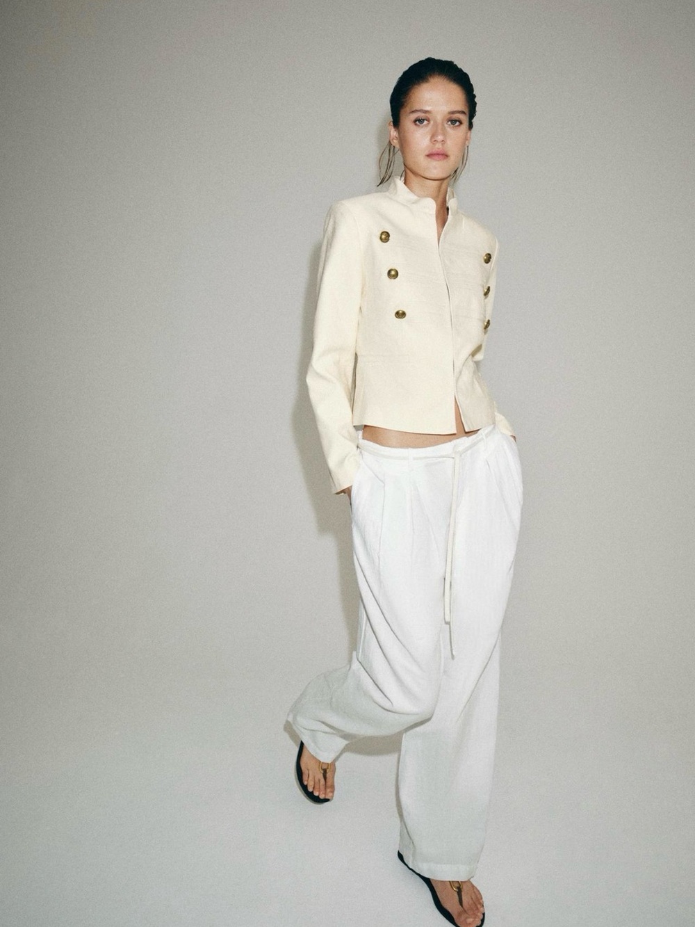 Cropped Double-Breasted Cream Jacket